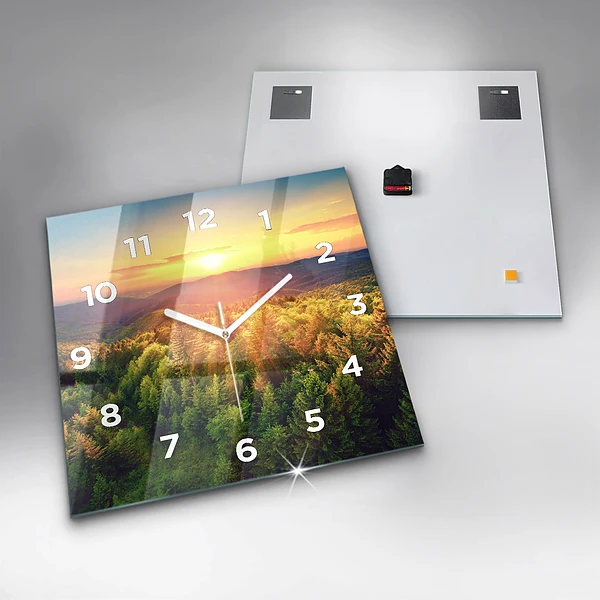 Wanduhr modern quadratisch Sonnenuntergang über den Hügeln