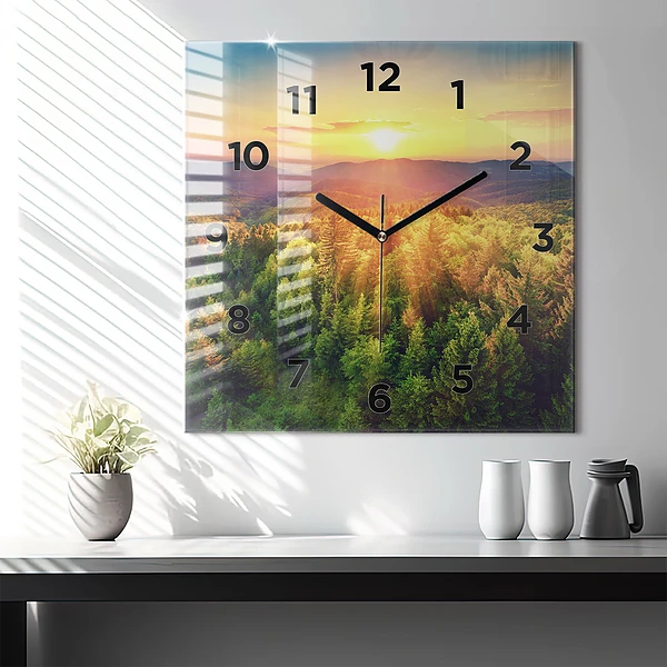 Wanduhr modern quadratisch Sonnenuntergang über den Hügeln