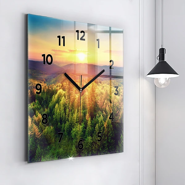Wanduhr modern quadratisch Sonnenuntergang über den Hügeln