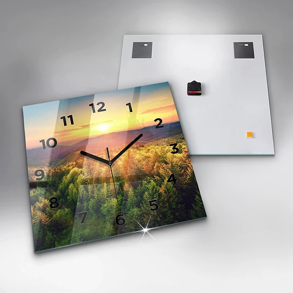 Wanduhr modern quadratisch Sonnenuntergang über den Hügeln