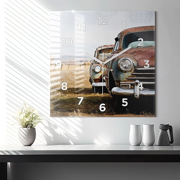 Wanduhr quadratisch Alte Autos