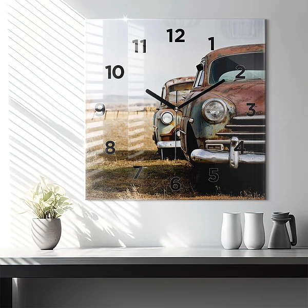 Wanduhr quadratisch Alte Autos