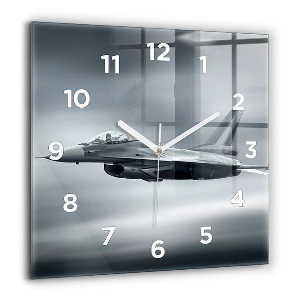 Wanduhr modern quadratisch Militärflugzeug im Flug