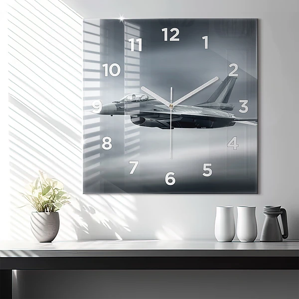 Wanduhr modern quadratisch Militärflugzeug im Flug