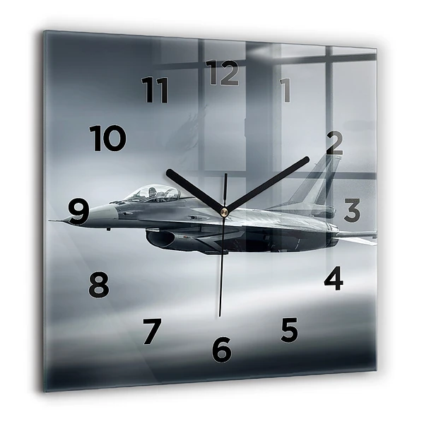 Wanduhr modern quadratisch Militärflugzeug im Flug