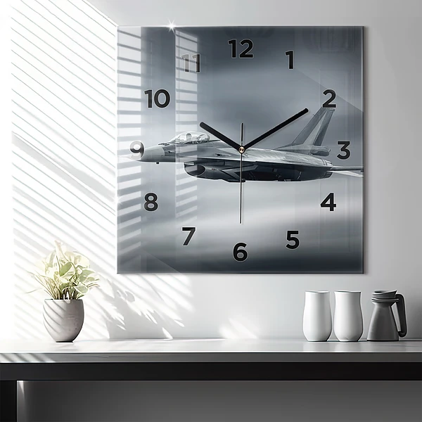 Wanduhr modern quadratisch Militärflugzeug im Flug