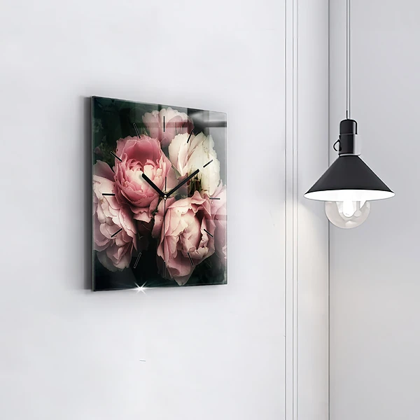 Wanduhr quadratisch mit motiv Blumenstrauß aus rosa Rosen