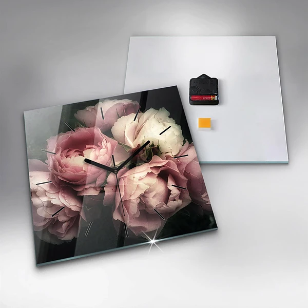 Wanduhr quadratisch mit motiv Blumenstrauß aus rosa Rosen
