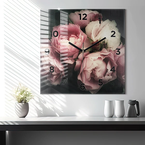 Wanduhr quadratisch mit motiv Blumenstrauß aus rosa Rosen