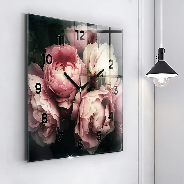 Wanduhr quadratisch mit motiv Blumenstrauß aus rosa Rosen