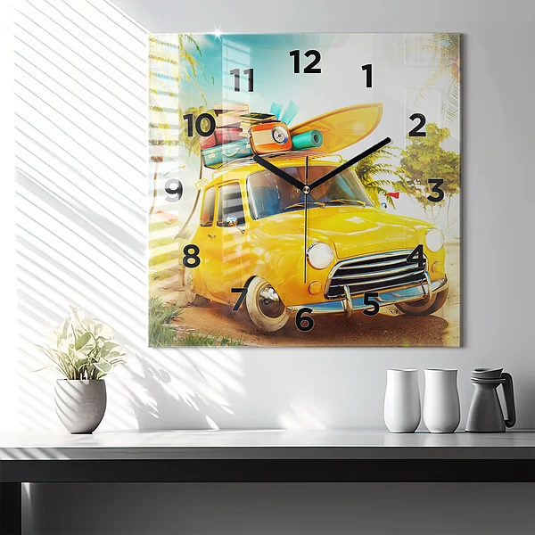 Wanduhr quadratisch mit motiv Auto mit Surfbrett