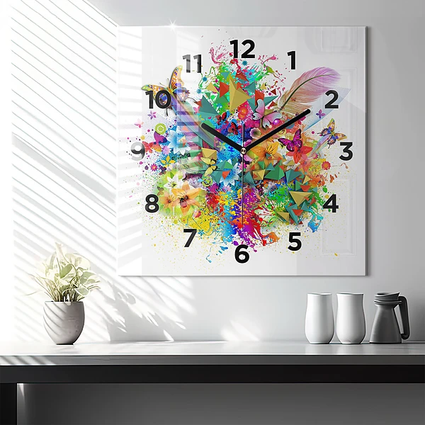 Wanduhr quadratisch Florale Harmonie mit Schmetterlingen