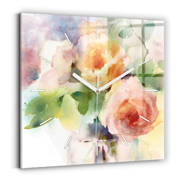 Wanduhr quadratisch Rosen in einer Vase Aquarell