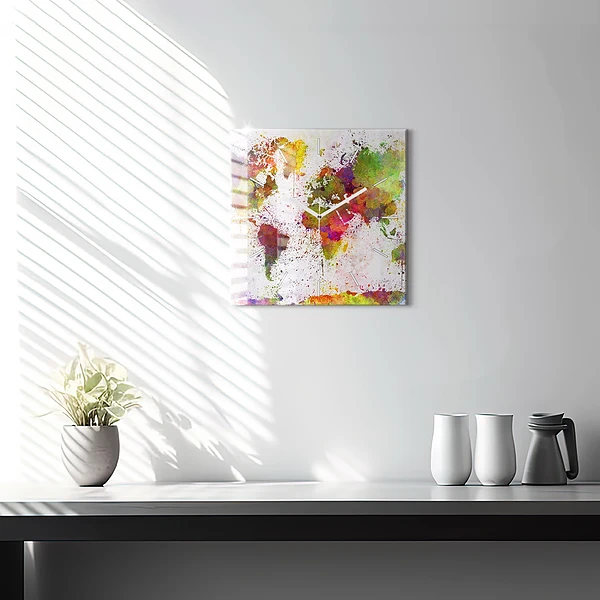 Wanduhr quadratisch mit motiv Aquarellierte Weltkarte