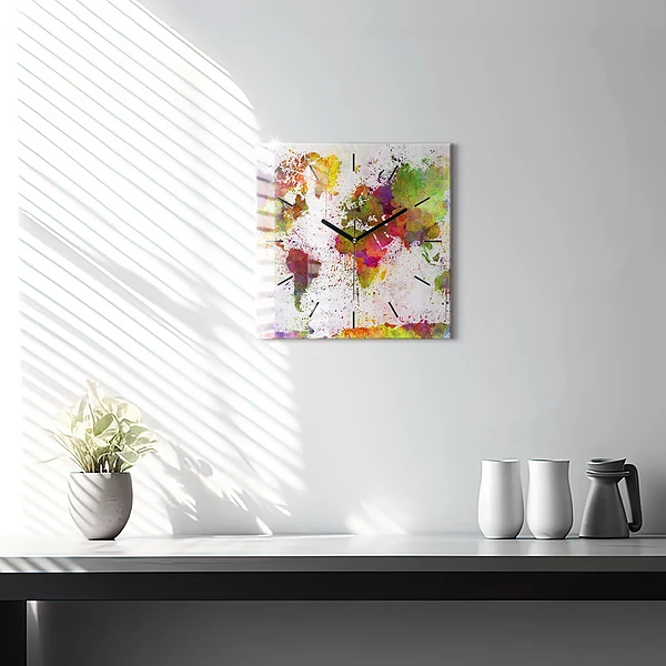 Wanduhr quadratisch mit motiv Aquarellierte Weltkarte