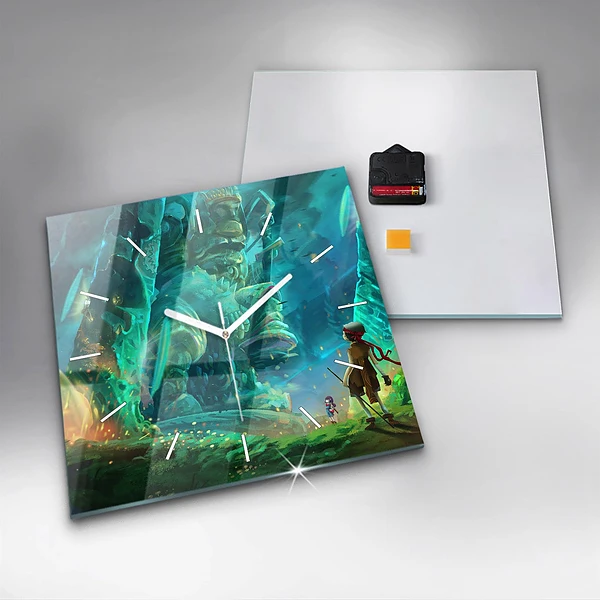 Wanduhr modern quadratisch Kinder in einem Märchenwald