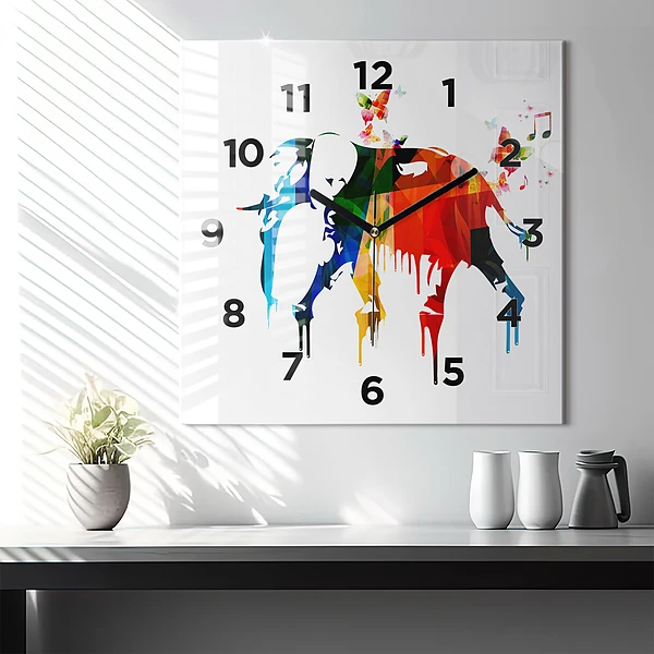 Wanduhr quadratisch mit motiv Farbig bemalter Elefant