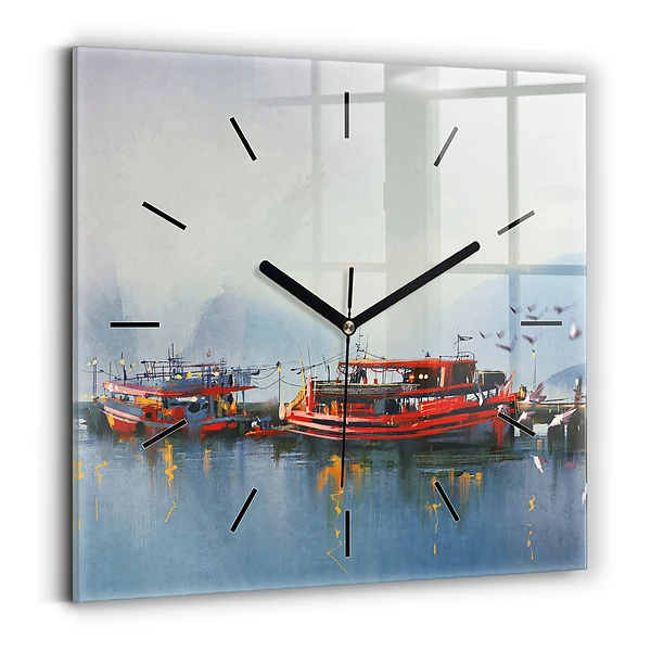 Wanduhr quadratisch Fischerboot im Hafen