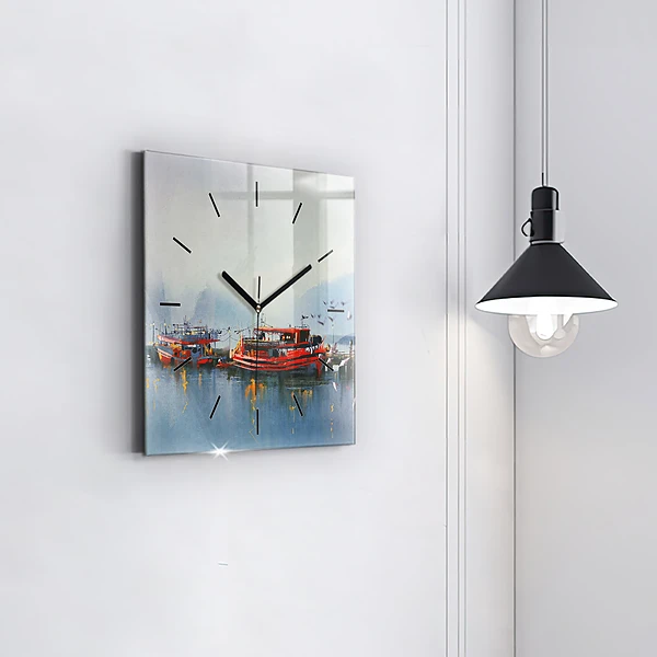 Wanduhr quadratisch Fischerboot im Hafen