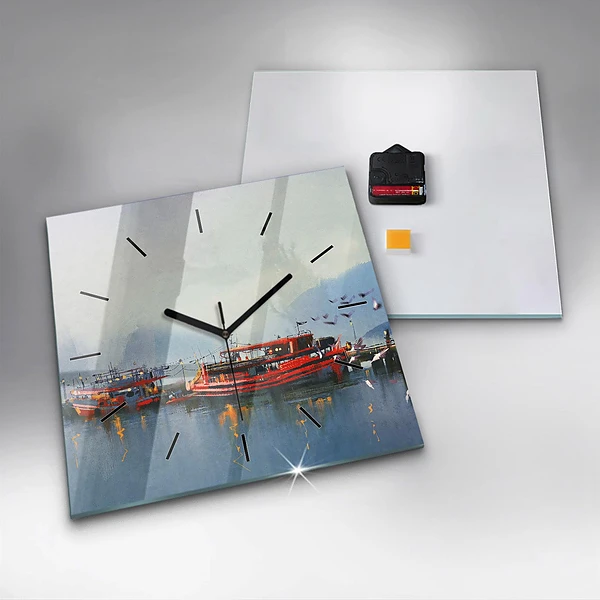 Wanduhr quadratisch Fischerboot im Hafen