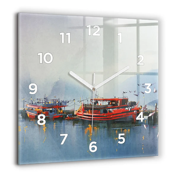 Wanduhr quadratisch Fischerboot im Hafen