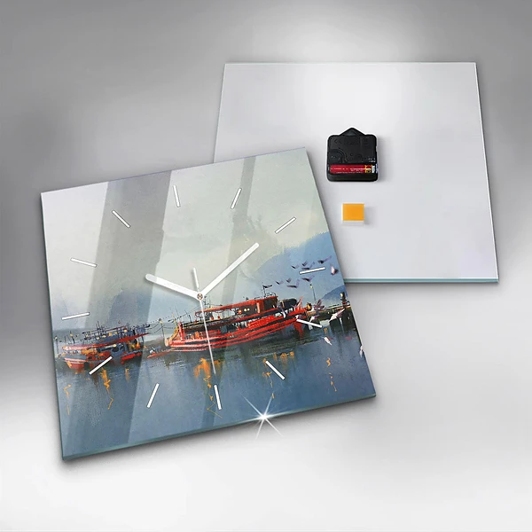 Wanduhr quadratisch Fischerboot im Hafen