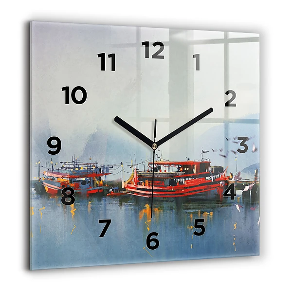 Wanduhr quadratisch Fischerboot im Hafen