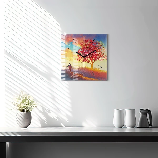 Wanduhr quadratisch Herbstlandschaft