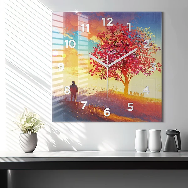 Wanduhr quadratisch Herbstlandschaft