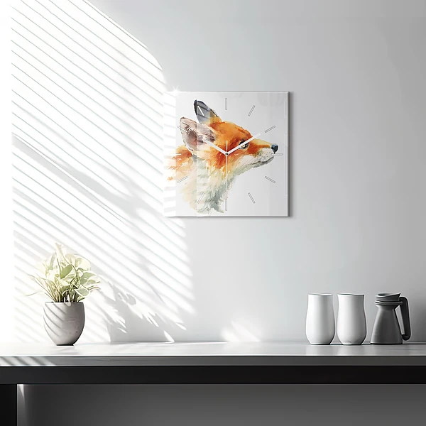 Wanduhr modern quadratisch Aquarell Jungfuchs