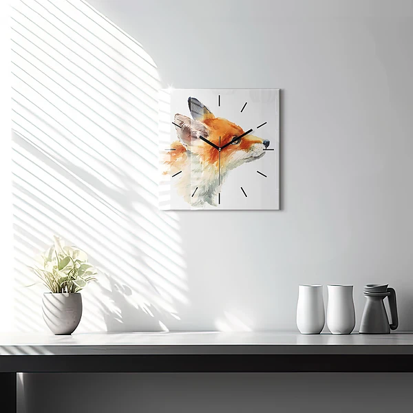 Wanduhr modern quadratisch Aquarell Jungfuchs