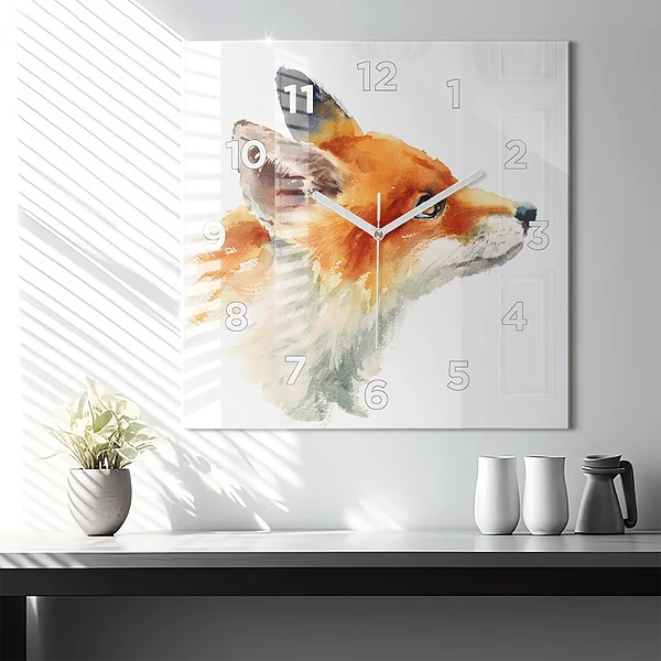 Wanduhr modern quadratisch Aquarell Jungfuchs