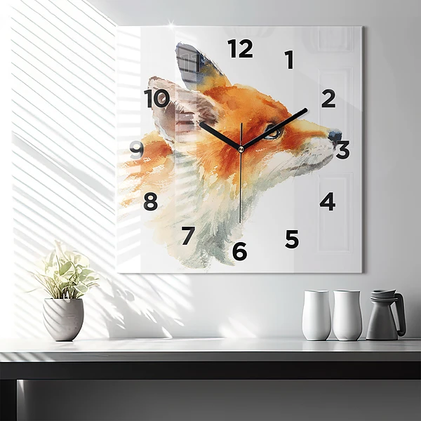 Wanduhr modern quadratisch Aquarell Jungfuchs