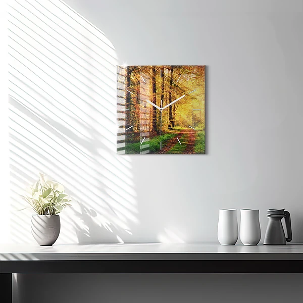 Wanduhr quadratisch Herbstliche Waldlandschaft
