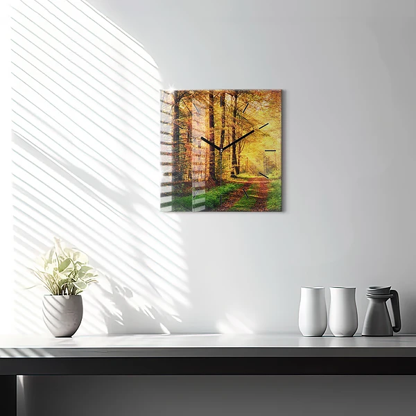 Wanduhr quadratisch Herbstliche Waldlandschaft