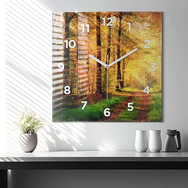 Wanduhr quadratisch Herbstliche Waldlandschaft