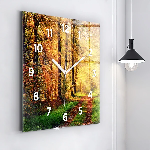 Wanduhr quadratisch Herbstliche Waldlandschaft