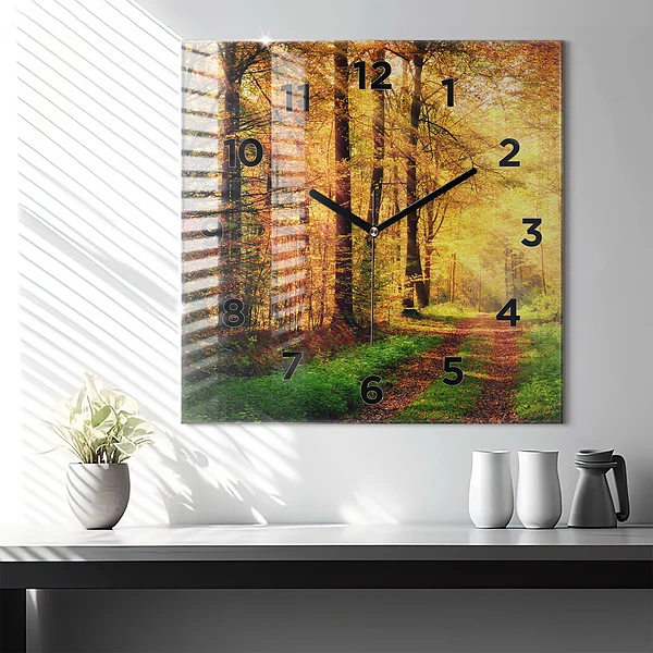 Wanduhr quadratisch Herbstliche Waldlandschaft
