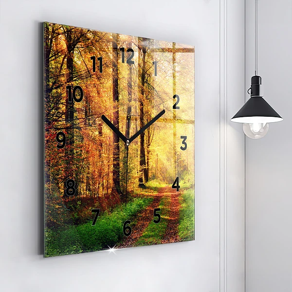 Wanduhr quadratisch Herbstliche Waldlandschaft