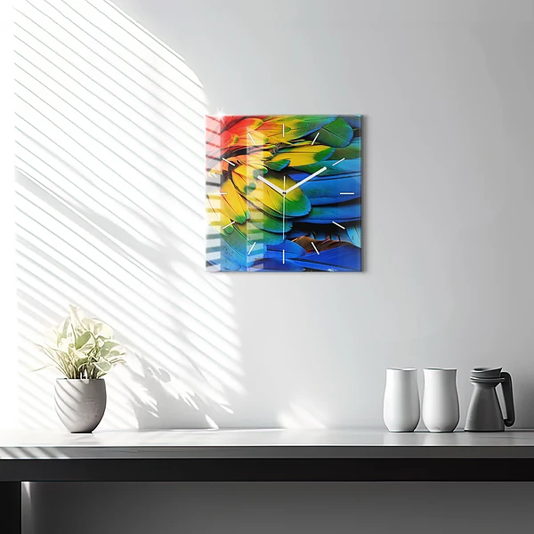 Wanduhr quadratisch Ara-Vogel Bunte Flügel