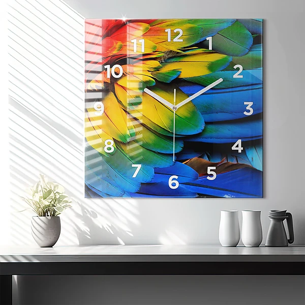 Wanduhr quadratisch Ara-Vogel Bunte Flügel