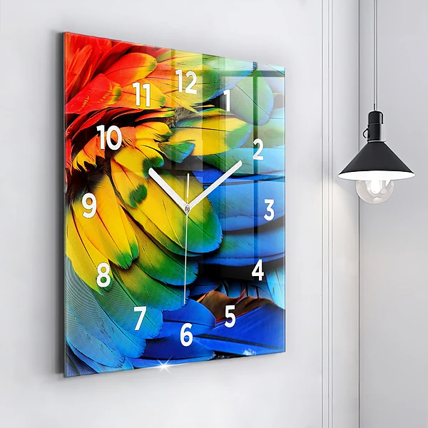 Wanduhr quadratisch Ara-Vogel Bunte Flügel