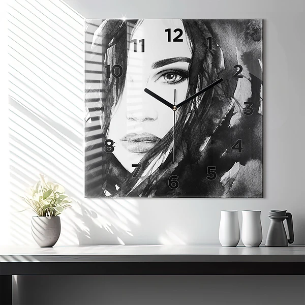 Wanduhr modern quadratisch Porträt einer Frau Aquarell