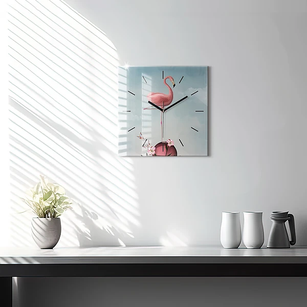 Wanduhr quadratisch mit motiv Surrealistischer Flamingo