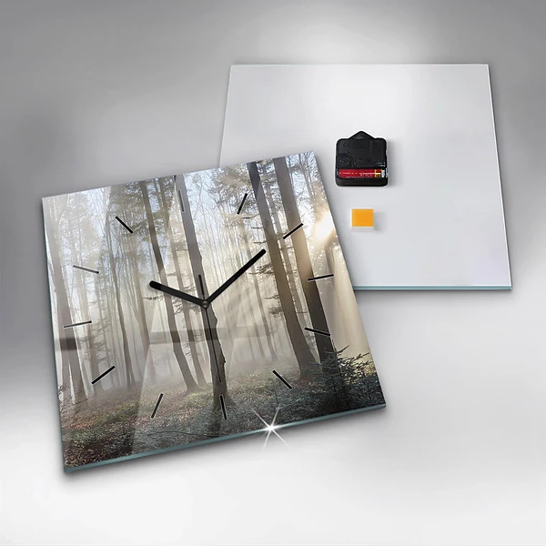 Wanduhr quadratisch Wald im Nebel