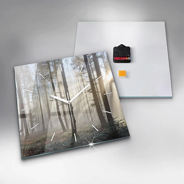 Wanduhr quadratisch Wald im Nebel