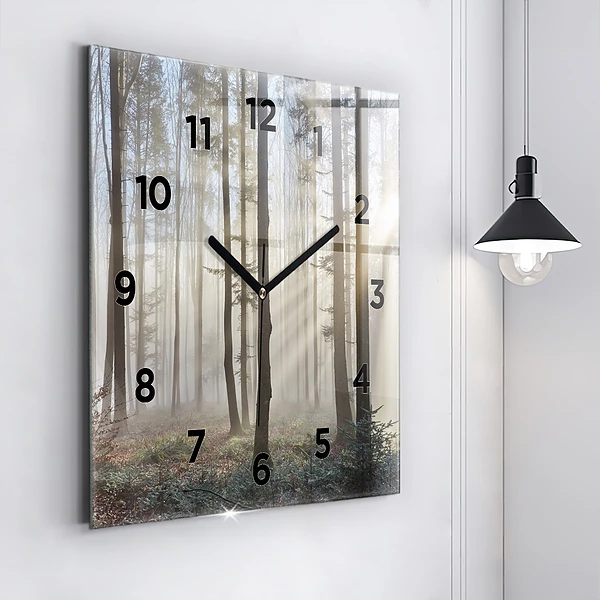 Wanduhr quadratisch Wald im Nebel
