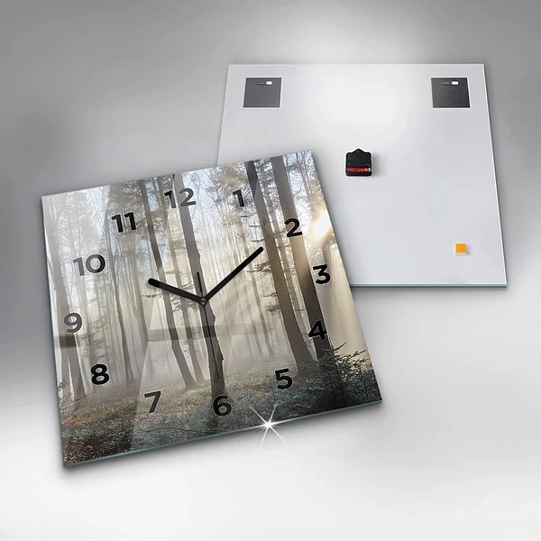 Wanduhr quadratisch Wald im Nebel