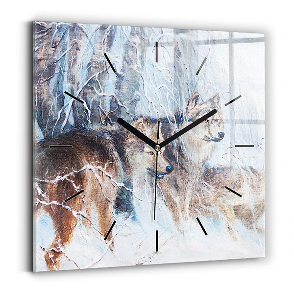 Wanduhr modern quadratisch Wölfe im Wald