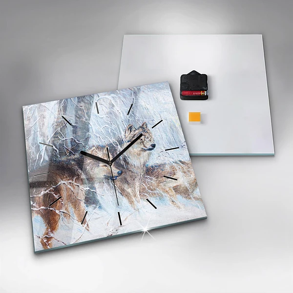 Wanduhr modern quadratisch Wölfe im Wald